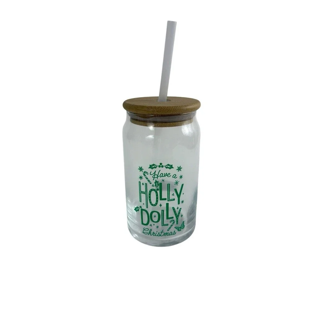 Dolly Parton Holiday Glass  “Have A Holly Dolly Christmas”  Lid with Straw  NEW